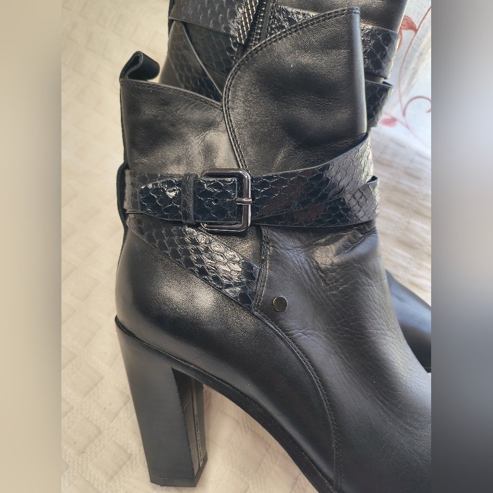 Donald J. Pliner Black Leather Ankle Booties with Textured Strap